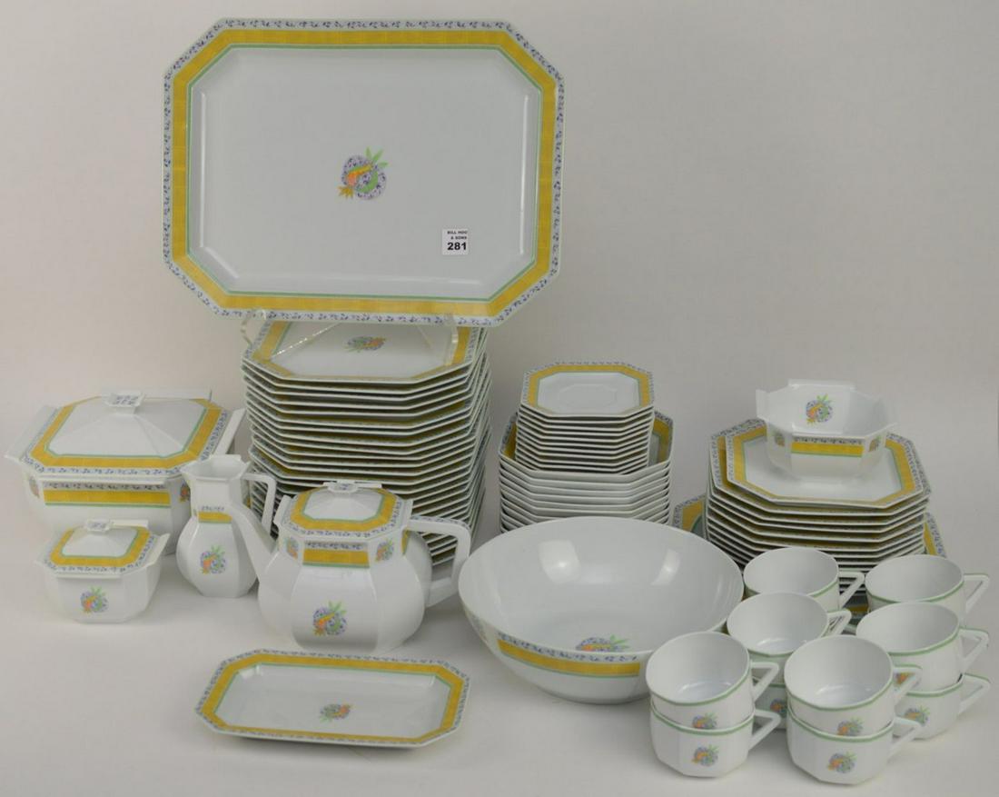 81 PCS Bernardaud Limoges Phuket Porcelain Set for 12 -: 81 PCS Bernardaud Limoges Phuket Porcelain Set for 12 - Fine French China set with octagon shape and Saffron colored motif. Set for 12 includes: 24 Dineer plates 9 1/4", 12 salad plates 8 1/4", 12 bow
