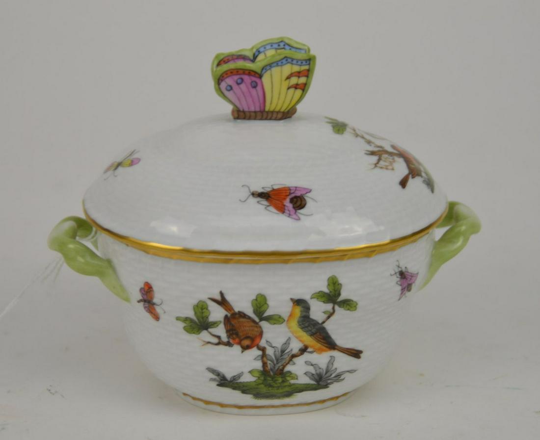 Herend Porcelain Rothschild Bird Covered Bonbon - with: Herend Porcelain Rothschild Bird Covered Bonbon - with butterfly finial. 4 1/2" H x 5 1/2" W. Condition: No cracks or chips.