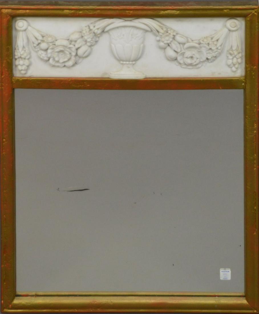 Trumeau Mirror with Marble Inset - Giltwood with white: Trumeau Mirror with Marble Inset - Giltwood with white marble inset of an urn with flower garlands. Overall - 32 1/4" H x 24 3/4" W. Mirror - 22" x 22". Condition: Minor normal wear.