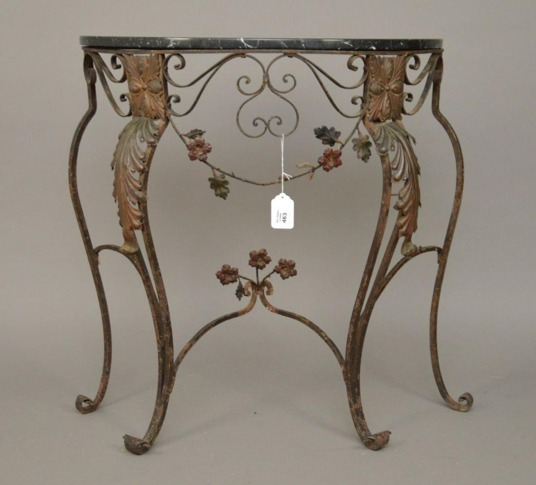 Iron demi lune console table, marble top, 32 3/4"h x (1 of 3)