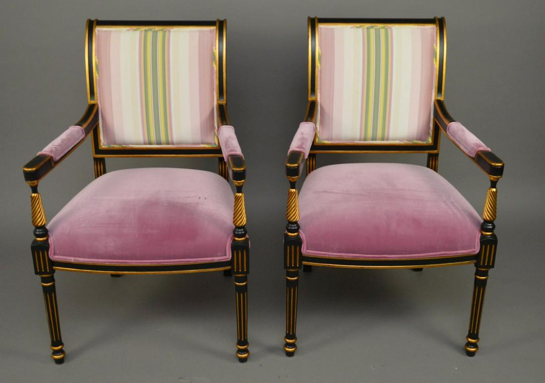 2 French Empire Style Black and Gold Arm Chairs, Velvet: 2 French Empire Style Black and Gold Arm Chairs, Velvet Upholstery.