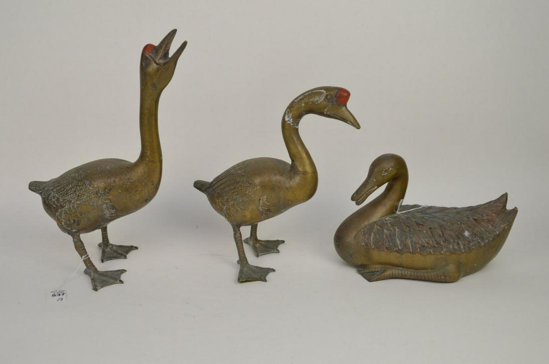 Three Asian Brass Geese & Duck Statues - Goose Head Up (1 of 5)