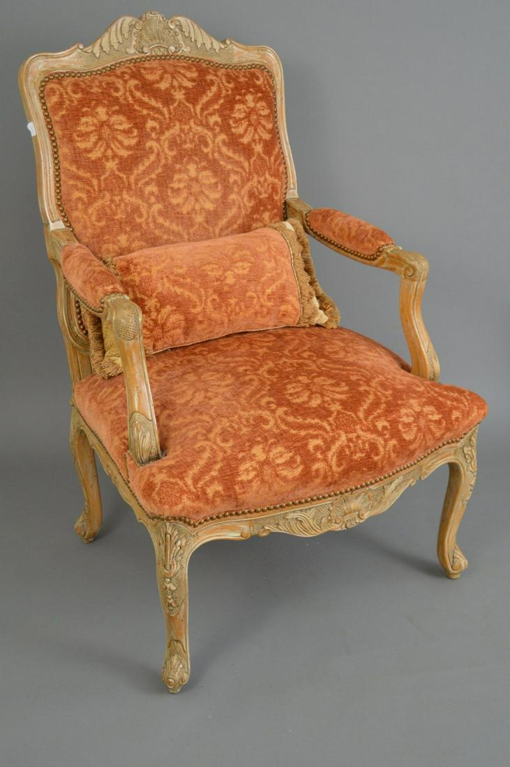 French Lightwood Upholstered Arm Chair, 30" x 22" x 44": French Lightwood Upholstered Arm Chair, 30" x 22" x 44" back
