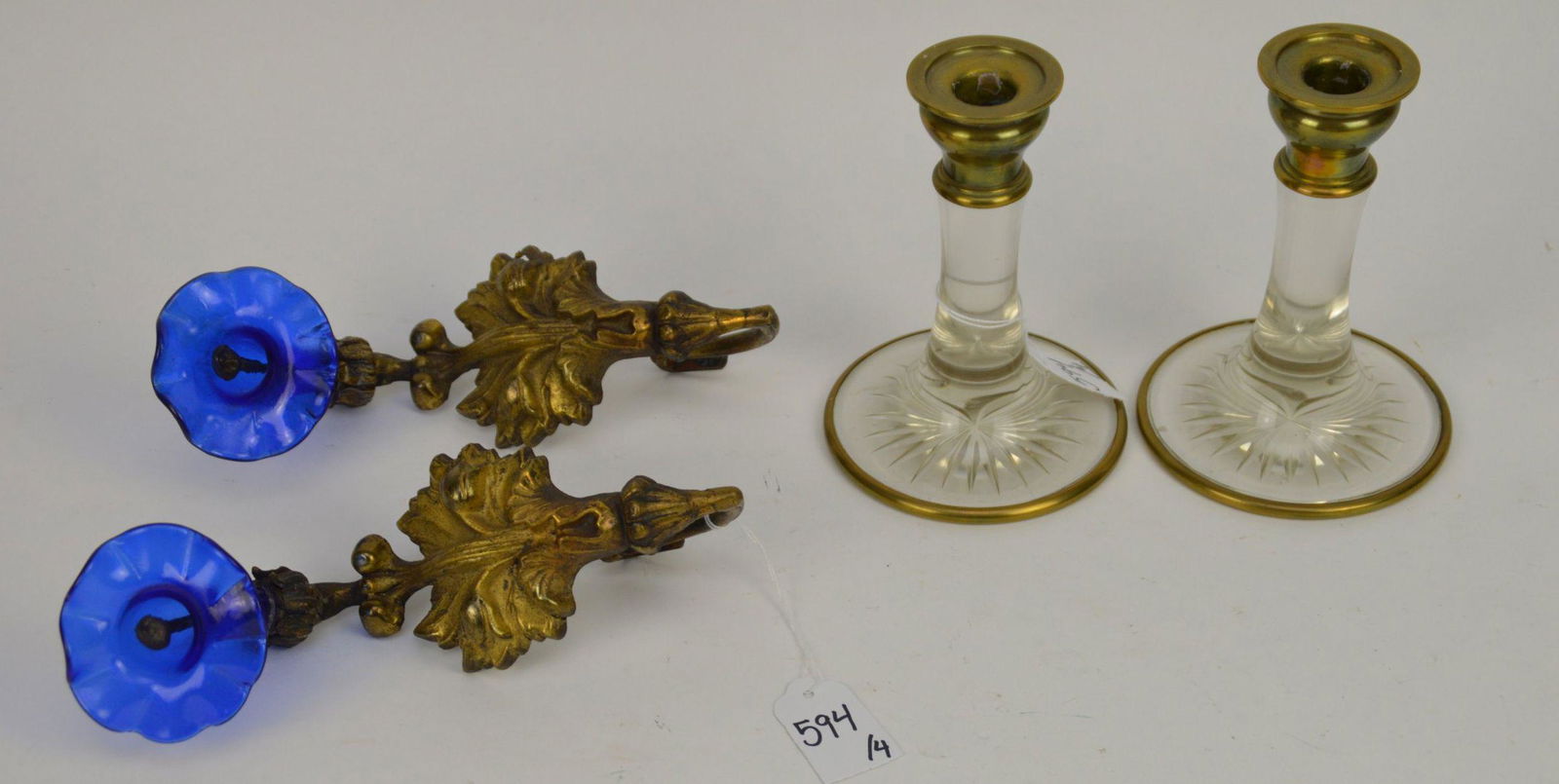 Two Pairs Brass & Glass Candlesticks and Sconces - (1 of 4)