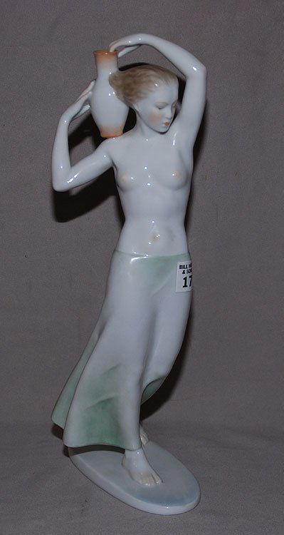 Herend porcelain half nude female figurine with wat: Herend porcelain half nude female figurine with water jug, 15 1/2"h