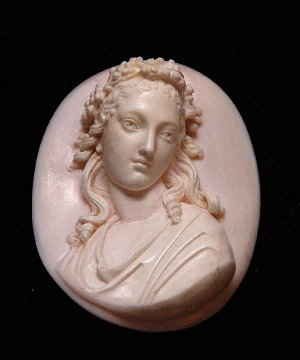 Carved pink & white shell cameo of young lady, 2-1/: Carved pink & white shell cameo of young lady, 2-1/4"tall x 1-3/4"wide