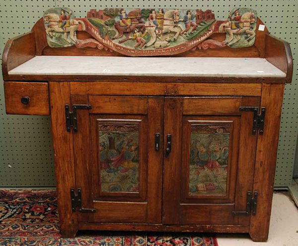 Continental provincial dry sink, carved & painted p: Continental provincial dry sink, carved & painted panel, probably added to back splash with marble top over 2 carved & painted doors