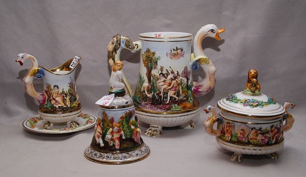 5pcs Capodimonte; pitcher (7"h), covered & footed: 5pcs Capodimonte; pitcher (7"h), covered & footed bowl (5"h), bell (6"h), footed pitcher (6"h), under plate