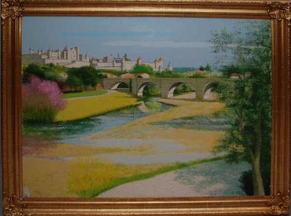 Jacques Eitel (French born 1926) oil on canvas, "O: Jacques Eitel (French born 1926) oil on canvas, "Old French Castle by the River", in large gilt gallery style frame, 45" x 57"