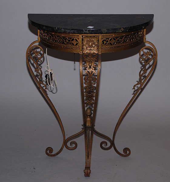 355 Old Wrought Iron half moon shaped small table w/ m