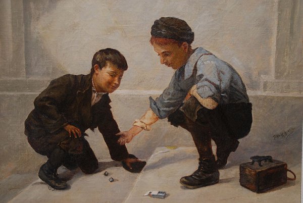 John H. Henrici (AMERICAN, 1874-1958) oil on canv: John H. Henrici (AMERICAN, 1874-1958) oil on canvas, "boys playing dice" , 19-1/2" x 25-1/2"