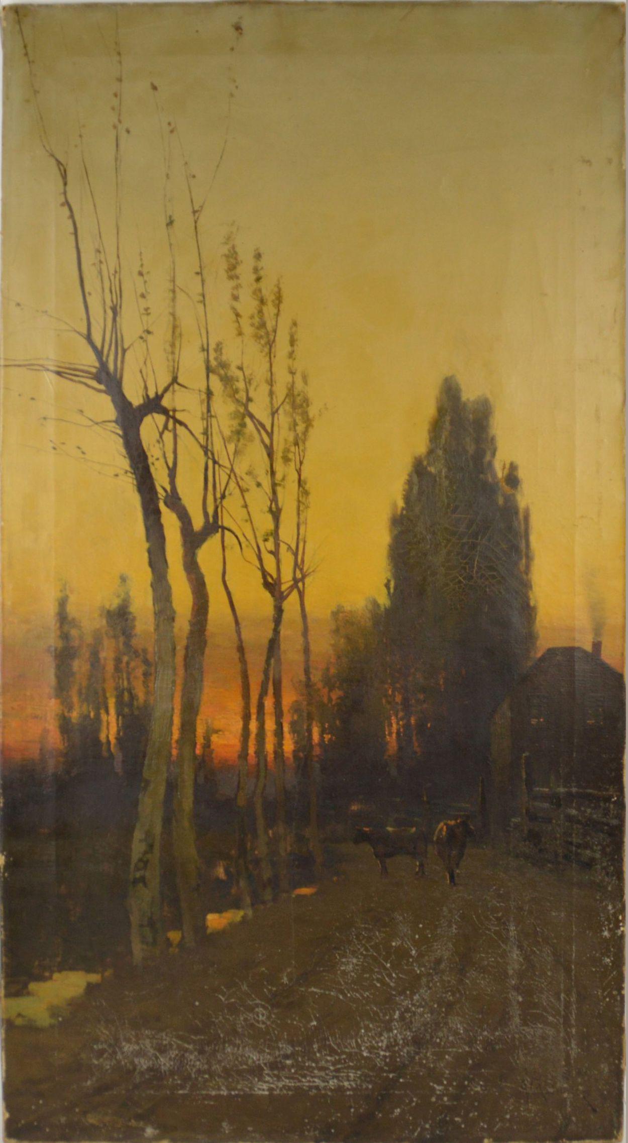 A.C. Rodriguez (California 1862-1890) oil on canvas,: A.C. Rodriguez (California 1862-1890) oil on canvas, Sunset Farm Scene, 36 x 20 inches