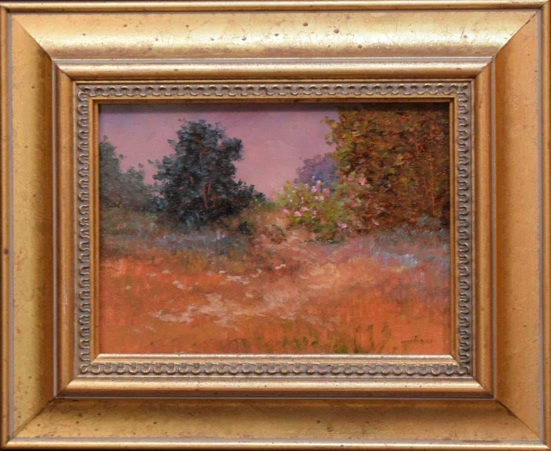 Monique Sakellarios (AMERICAN 20th Century) oil on: Monique Sakellarios (AMERICAN 20th Century) oil on Masonite board, NE Summer Landscape, 6 x 8 inches