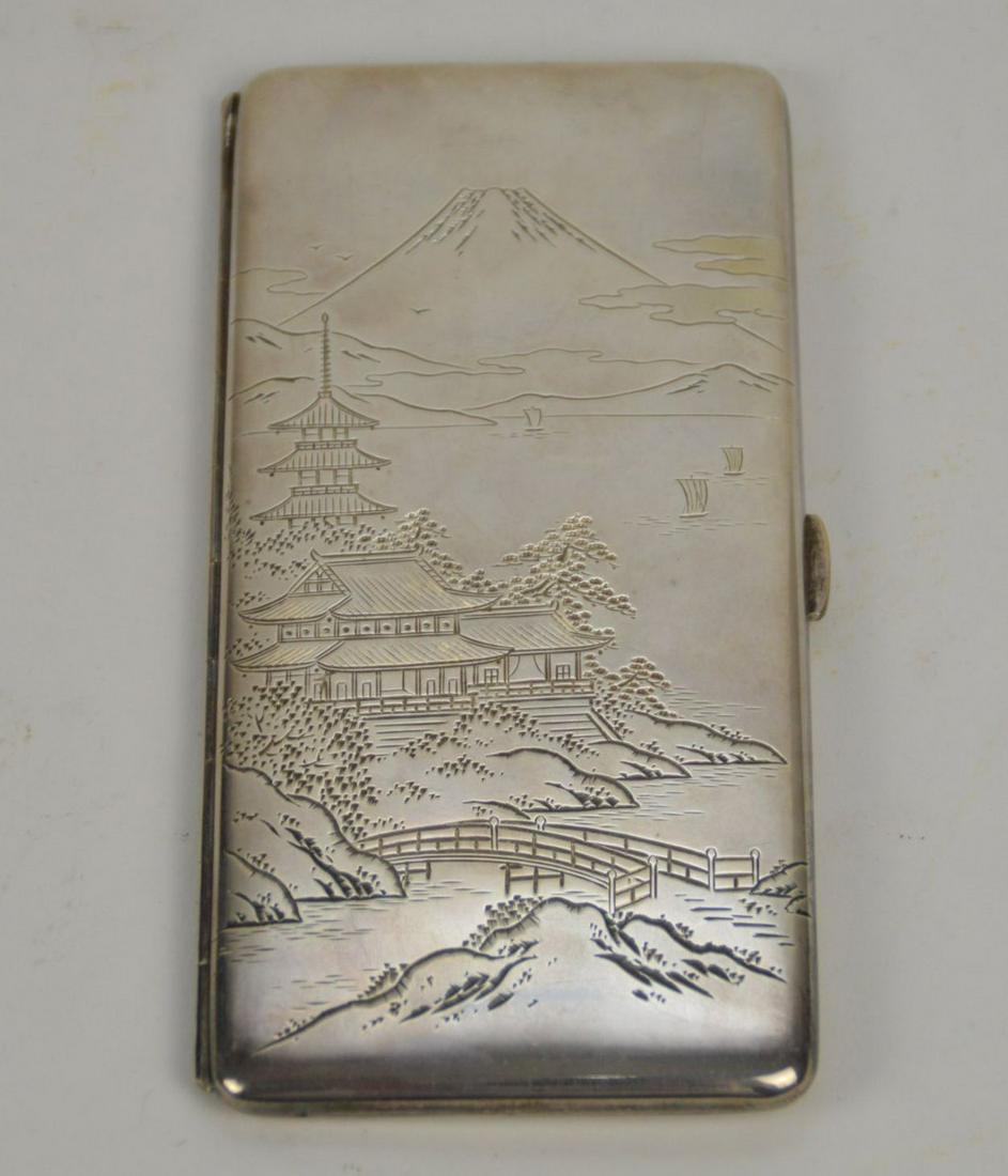 Sterling cigarette case with chinese etched landscape, (1 of 6)