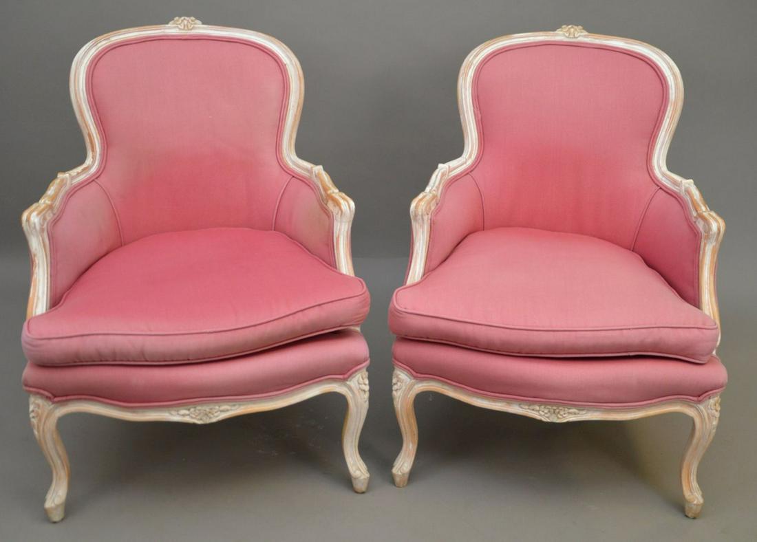 Pair French Provincial Bergères, Whitewash Frame with: Pair French Provincial Bergères, Whitewash Frame with Pink Upholstery