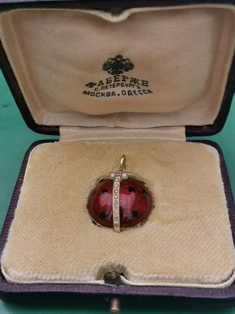 Russian Antique Gold enamel diamond Ladybug pendant: Russian Antique Gold enamel diamond Ladybug pendant Beautiful Antique Russian gold enamel rose cut diamond pendant of ladybug ( Ladybird) stamped 56 and maker marks.