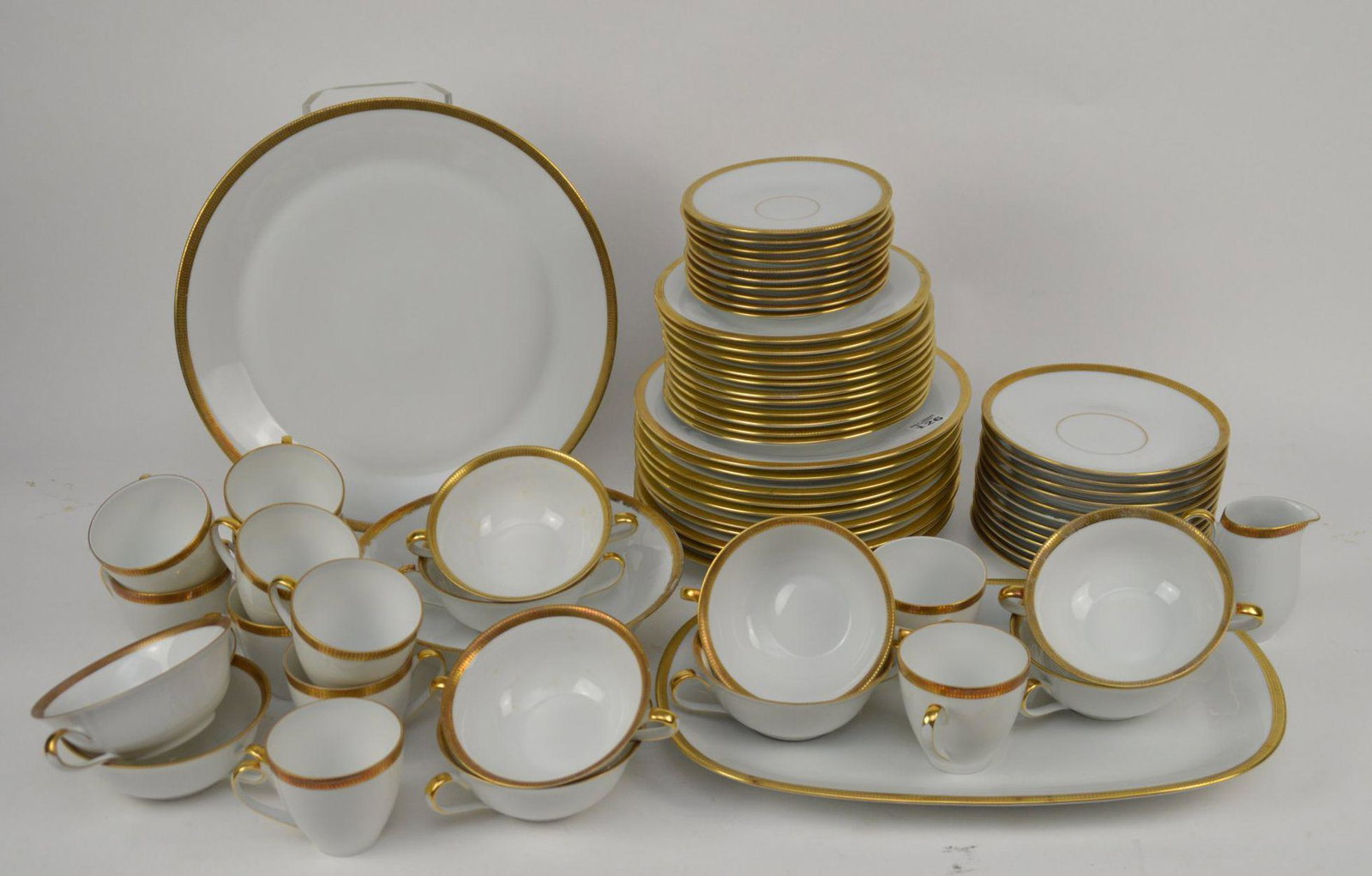 Bavaria Germany Hertal Jacob China Pcs, White with Gold: Bavaria Germany Hertal Jacob China Pcs, White with Gold Border, incl; 10 Dinner Plates, 11 Salad Plates, 10 Cream Soups, 12 Liners, 10 Saucers, 9 Teacups, 1 Creamer, Serving Open Bowl, Round Platter a
