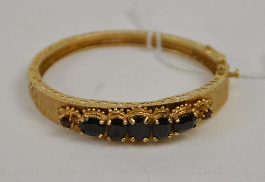 14K yellow Gold Garnet Hinged Bracelet.  Wt 19.3 Grams (1 of 4)