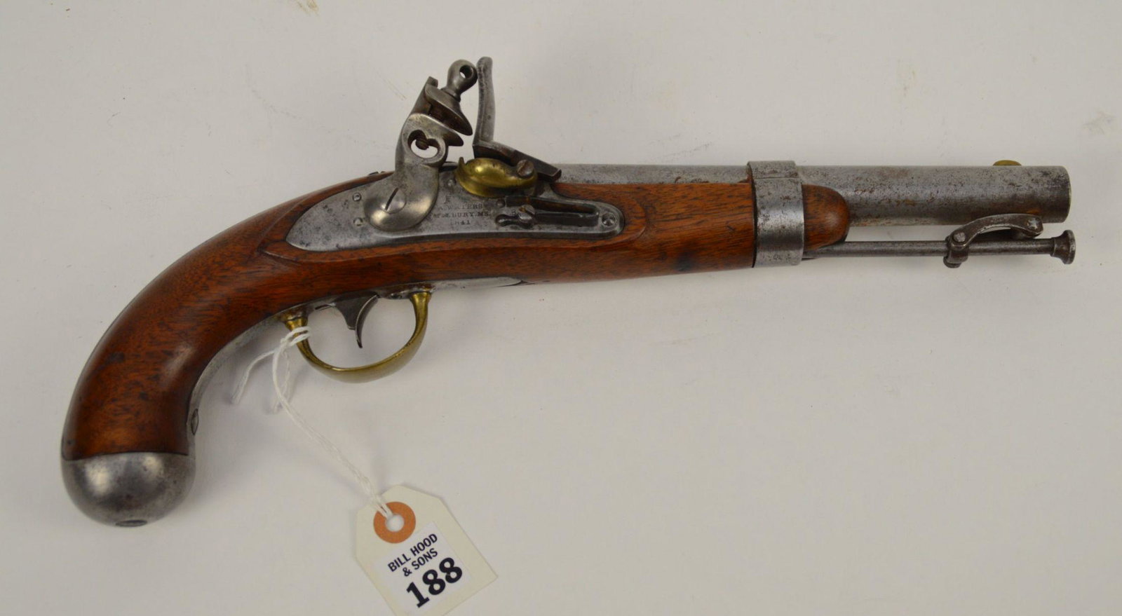 Original A. Waters Milbury MS 1841 Flintlock Pistol -: Original A. Waters Milbury MS 1841 Flintlock Pistol - Milbury, Massachusetts. One piece wood stock. Markings: The top of the barrel is marked “US / JH / P”.The left side of the barrel is marked "C