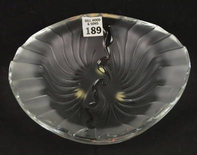 Lalique France Crystal Scalloped Shell Bowl- clear and: Lalique France Crystal Scalloped Shell Bowl- clear and frosted glass dish. Signed "Lalique France" on bottom. 3" h x 8 1/2" W x 7" D. Condition: Very minor shelf wear, no cracks or chips.