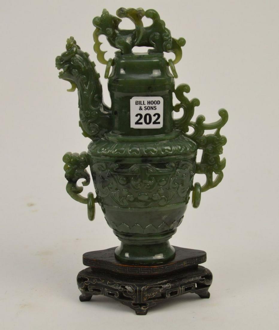 Chinese Carved Spinach Jade Urn & Cover, 8 3/4"h (top (1 of 7)