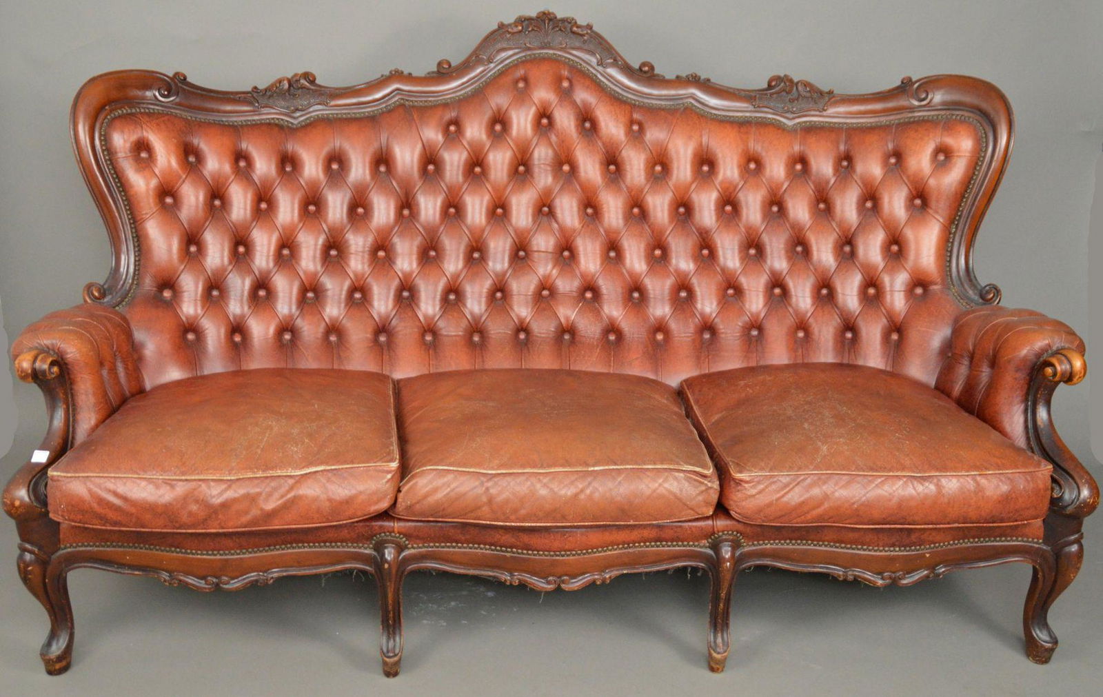 Vintage Leather Tufted Back Sofa / Couch with Carved (1 of 6)