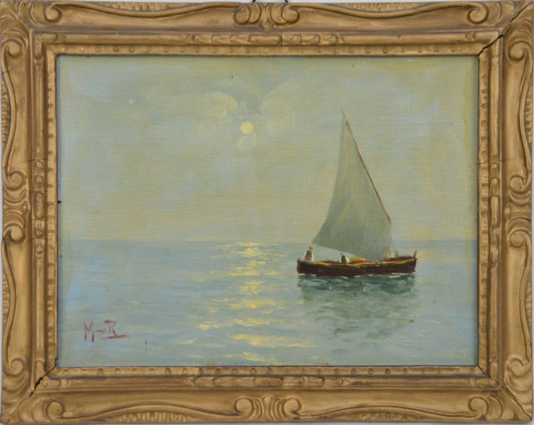 Sailing Vessel with Moonlight on Water, Oil on Wood (1 of 5)