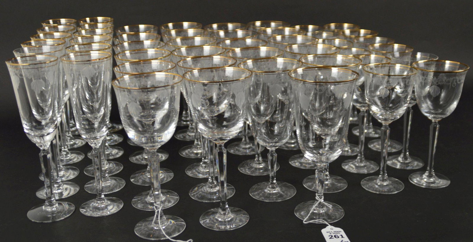 Set of 47 Lenox Crystal Classic Shell Stemware - Lenox: Set of 47 Lenox Crystal Classic Shell Stemware - Lenox Classic Shell pattern with gold trim. Group includes: (12) Twelve 8" Water Goblets; (12) Twelve 8 3/4" Champagne Glasses; (12) Twelve 7 1/4" Wine