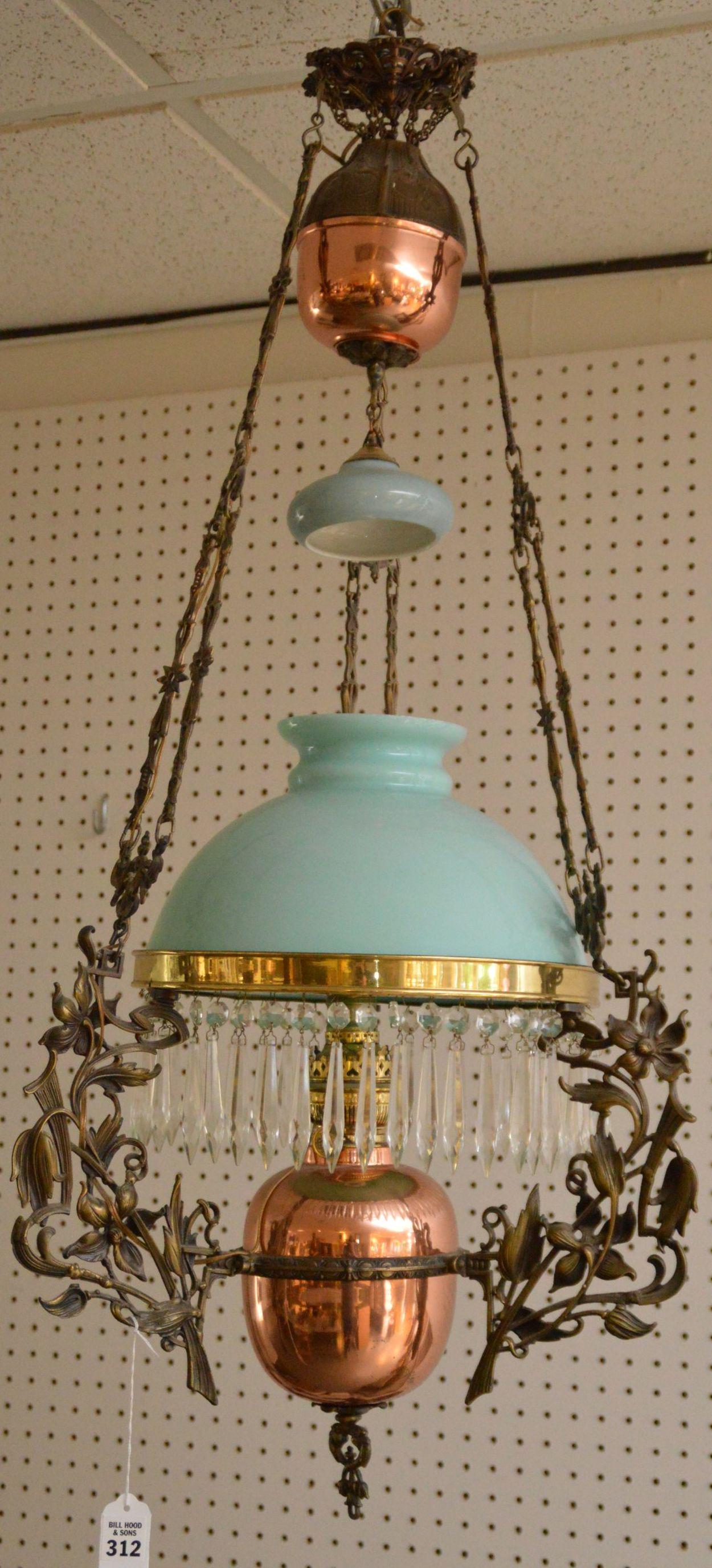 Victorian Bronze, Copper, & Glass Hanging Oil Lamp - (1 of 4)