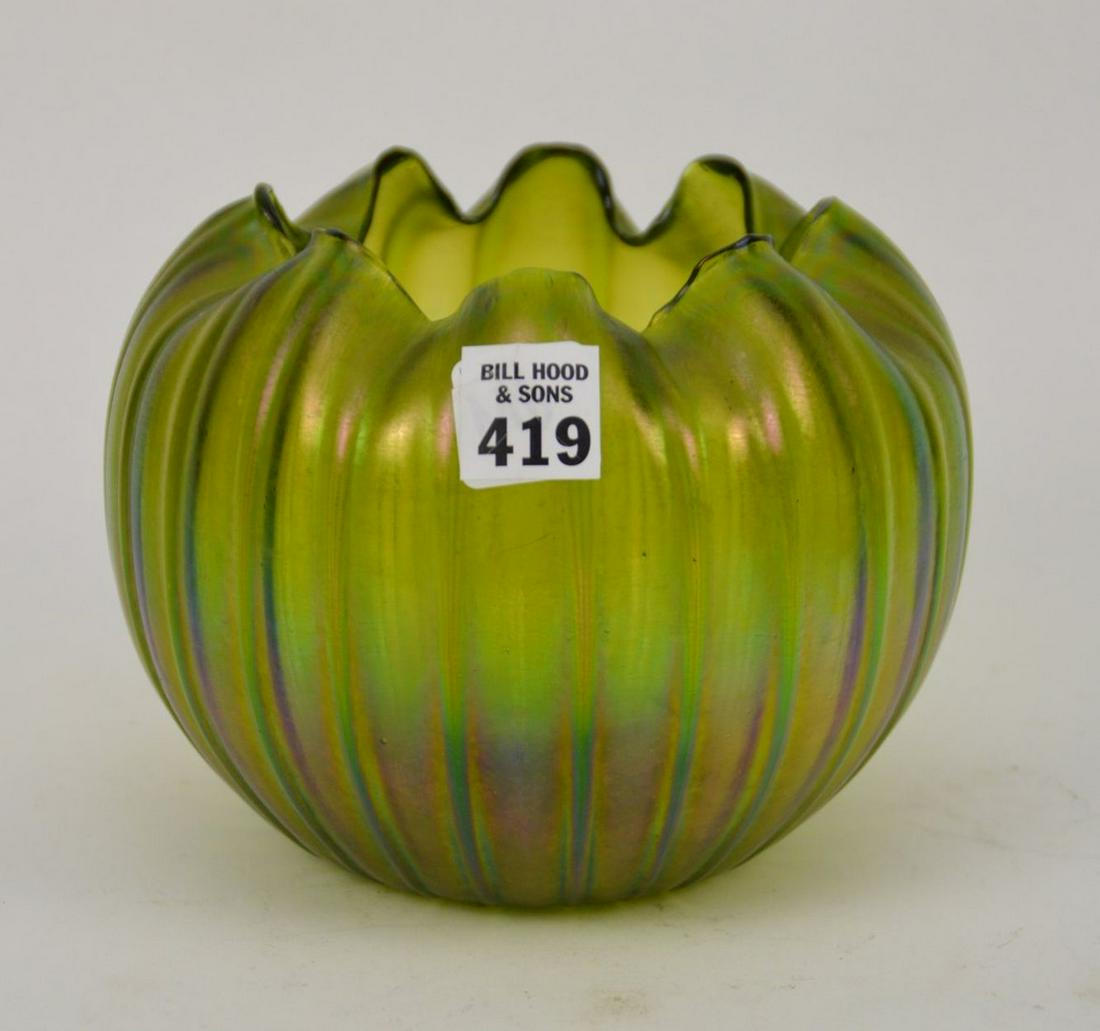 Green Art Glass Iridescent Loetz Style Vase, 6"h x (1 of 3)