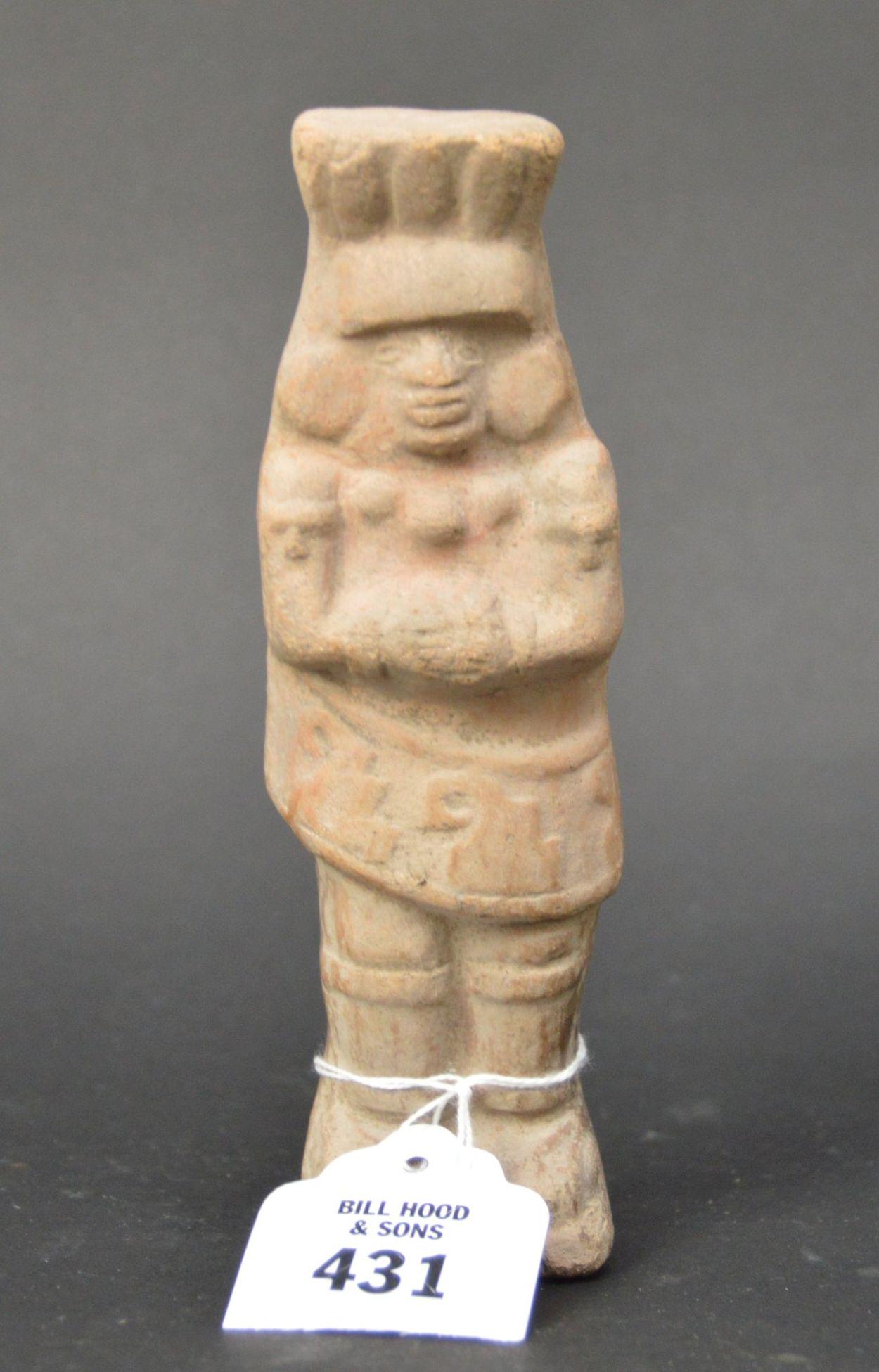 Pre-Columbian Pottery Standing Figure, Excellent: Pre-Columbian Pottery Standing Figure, Excellent Condition, Traces of Mica Deposits, Magnesium Blooms and Burnishing, Origin: Central America, Age: 300-800 A.D. 7" H x 2" W
