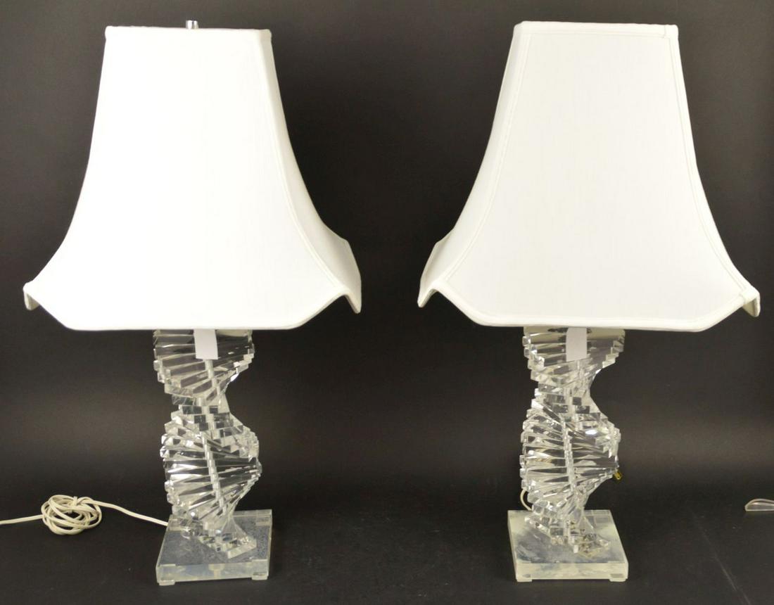 Pair of Vintage Mid-Century Stacked Helix Lucite Lamps: Pair of Vintage Mid-Century Stacked Helix Lucite Lamps - Dimensions: Height to socket 19 3/4", base 6" x 6", shades 14" H x 15" W x 11" D. Condition: Each has some signs of wear, mainly surface scratc
