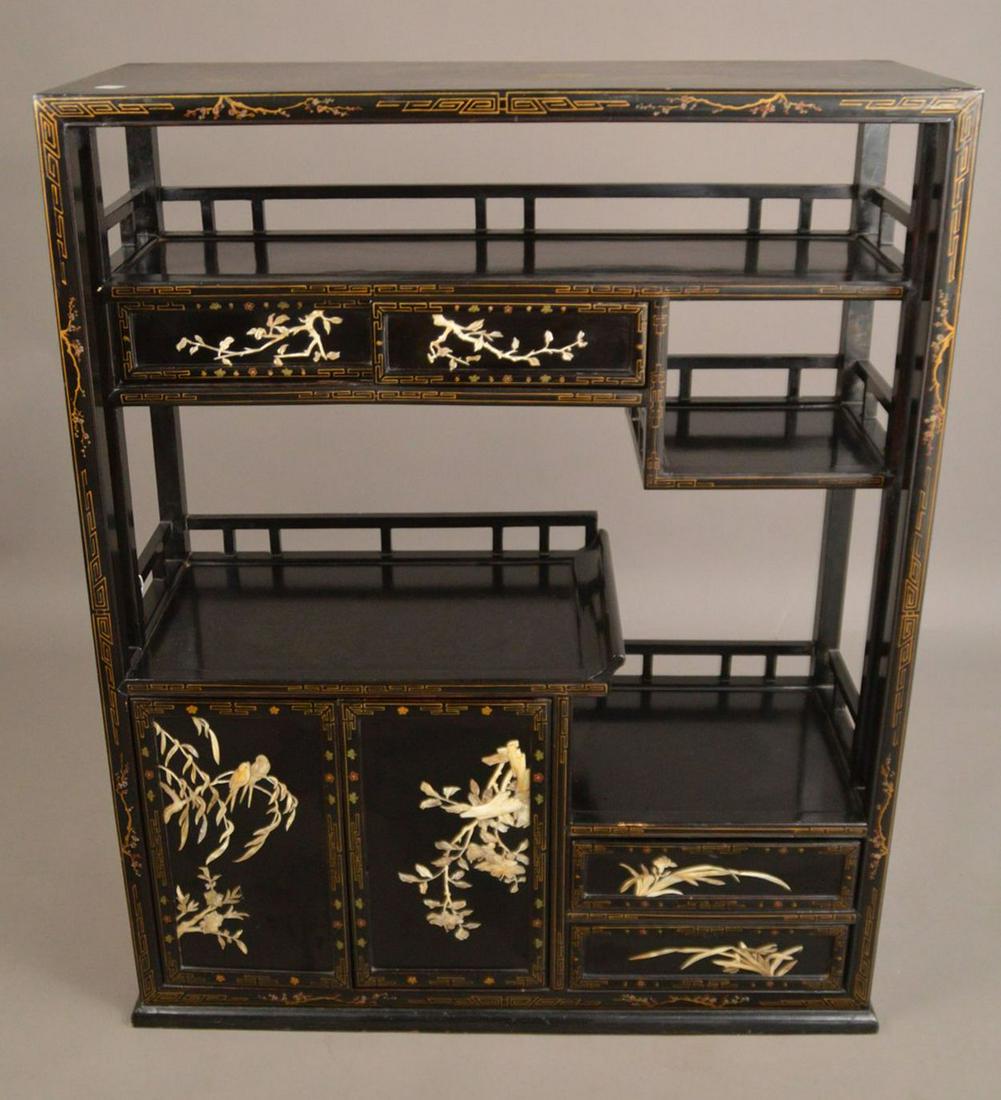 Black Lacquer Chinese Etagere, Sliding Doors, Open (1 of 10)