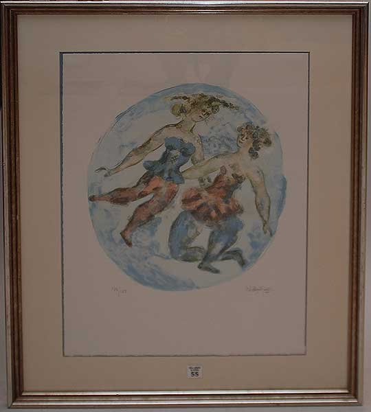 Chaim Gross. 1904-1991. " Ballerinas". Original Sig: Chaim Gross. 1904-1991. " Ballerinas". Original Signed & Numbered Lithograph in Blue Colors. Most sought after subject. Ed. of 100/100,heavy paper. Nicely frame. Sizes: 24" x 16" & 29" x21" w/frame