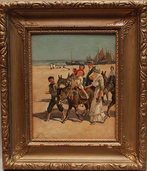 Louis Soonius (DUTCH, 1883-1956) oil on board, donk: Louis Soonius (DUTCH, 1883-1956) oil on board, donkey ride, 12" x 9"