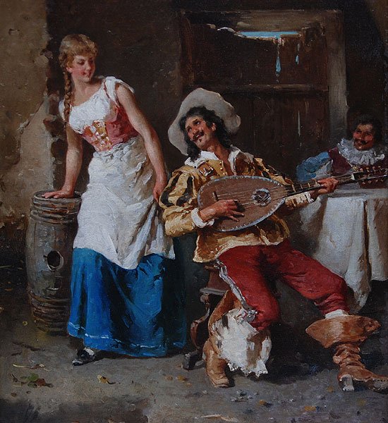 GUSTAVO SIMONI, Italian 1846-1926, "The Cavalier's : GUSTAVO SIMONI, Italian 1846-1926, "The Cavalier's Serenade", Oil on canvas 15 ½" x 10 ¾", Signed lightly with artist's initials lower left and fully signed and dated verso, With original 19th centu