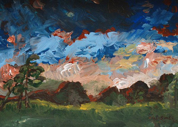 Attributed to Arthur Lismer (Canadian-1885-1969): Attributed to Arthur Lismer (Canadian-1885-1969) oil on canvas Land scape, 10" x 12". Signed lower right & dated 62. Also initials verso. Light inpaint on tall tree branches