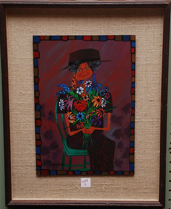 Harry Dunn. (Amer-1929-1998). Acrylic on Panel. ": Harry Dunn. (Amer-1929-1998). Acrylic on Panel. "Aunt Peachy's Bouquet". Signed front and detailed on back. 14"x10" & 18"x14" w/frame