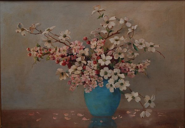 L. Cranley, British 19th - 20th century, "Bristol : L. Cranley, British 19th - 20th century, "Bristol Blue", apple blossoms and dogwood, oil on board, 16" x 22"