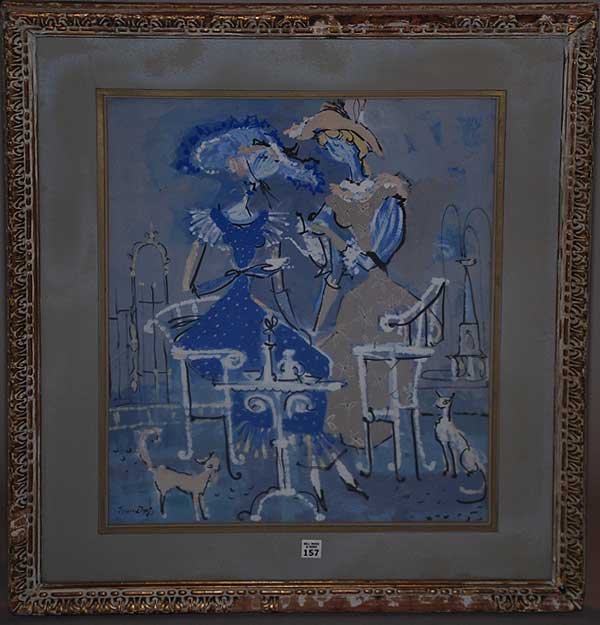 JEAN DUFY (FRENCH, 1888-1964), gouache on paper, 2: JEAN DUFY (FRENCH, 1888-1964), gouache on paper, 2 ladies at outdoor café, 19" x 24"