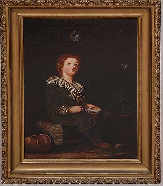 19th Century English School Oil on Canvas, "blowin: 19th Century English School Oil on Canvas, "blowing bubbles" monogrammed illegibly lower right, 30" x 22"