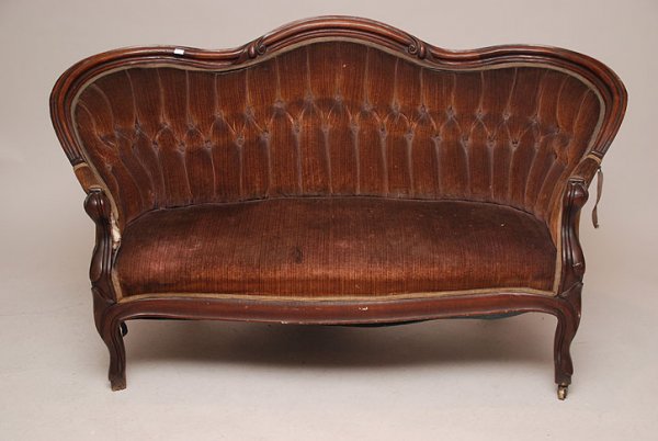 Victorian mahogany settee with brown upholstery, : Victorian mahogany settee with brown upholstery, 58"L x 33"H