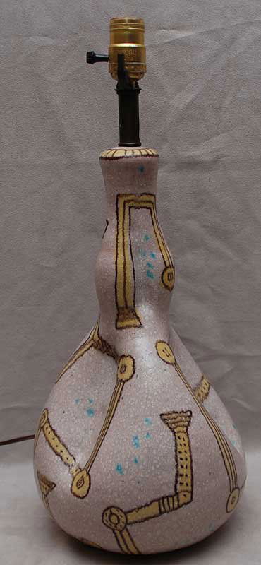 Signed GUIDO GAMBONE ceramic lamp, 1950's, with ha: Signed GUIDO GAMBONE ceramic lamp, 1950's, with hand-painted abstract decoration in yellow, manganese purple and turquoise on a mottled white ground. Ceramic portion is 15 & ¾ inches tall, 20 & ¼ in