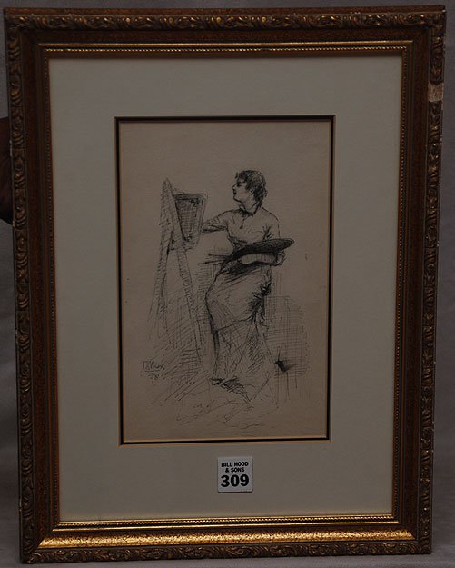 Attributed to Irving Ramsey Wiles (AMERICAN, 1861-: Attributed to Irving Ramsey Wiles (AMERICAN, 1861-1948) Pen & Ink "artist at easel" drawing on paper. Signed left side 9" x 6"