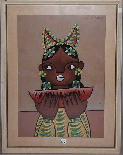 Pair sold together: Jose Maria de Servin (MEXICAN,: Pair sold together: Jose Maria de Servin (MEXICAN, 1917) watercolors on paper, boy & girl eating watermelon 30" x 20"