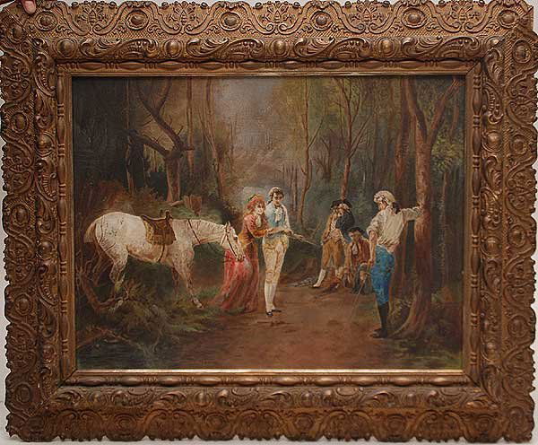British School 19th Century signed Adda Corbill Wa: British School 19th Century signed Adda Corbill Watson dated 1892, oil on canvas, duel in the forest, 18" x 24"