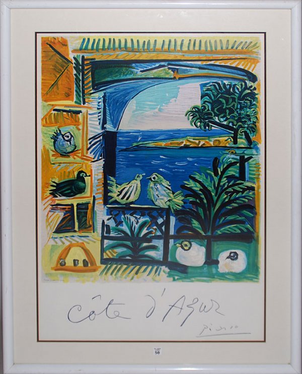 Henri Deschamps. "Cote-d'Azur" after Pablo Picasso,: Henri Deschamps. "Cote-d'Azur" after Pablo Picasso, 1881-1973, Spain France. Color Lithograph by Mourlot 1962, by famous Henri Deshamps lithographer. 39.3/8" x 26". Good condition with full margins