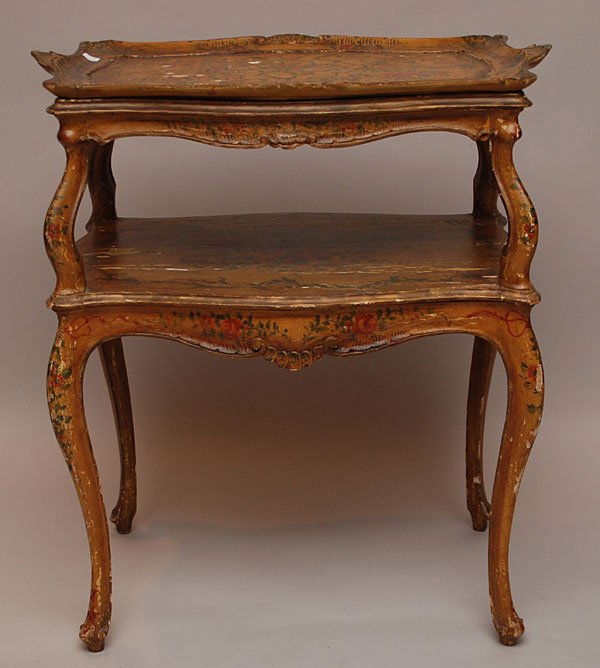Painted 2 tier Continental table with separate tra: Painted 2 tier Continental table with separate tray top, all original, 36"h x 31"w x 19"d