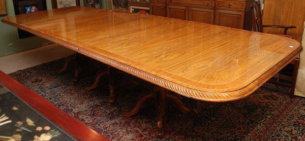 Incredible figural mahogany Pedestal dining table: Incredible figural mahogany dining table with rope border and 2 leaves (3 section) approx. 12'L on 3 acanthus carved pedestals