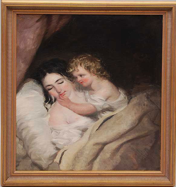 American School, Mannor of Thomas Sully Antique: American School, Mannor of Thomas Sully (American 1783-1872) oil on canvas, Sleeping mother awakened by a child" unsigned 30"x25" framed